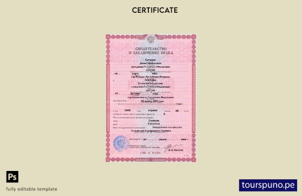 Plantilla de certificado de matrimonio de Rusia lista para imprimir en formato P